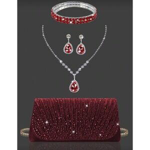Red Velvet Evening Clutch Bag and Rhinestone Jewelry Set Wedding Prom Formal